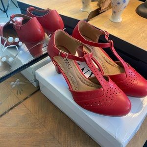 Red T-strap heels